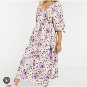ASOS Design Size 10 Pink Purple Floral Puff Sleeve Midi Wrap Dress 100% Cotton